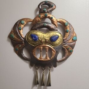 🔷Chilean Handcrafted Hammered Copper Wall Mask with Inlaid Semi-Precious Stones